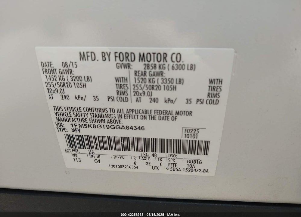 2016 FORD EXPLORER VIN: 1FM5K8GT9GGA84346