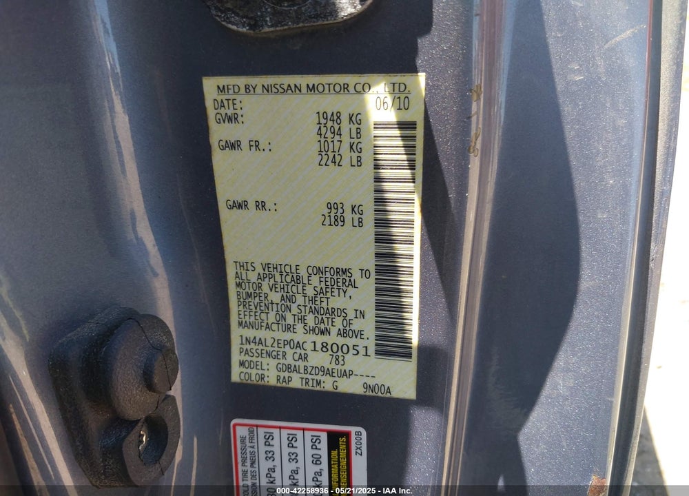 2010 NISSAN ALTIMA 2.5 S VIN: 1N4AL2EP0AC180051