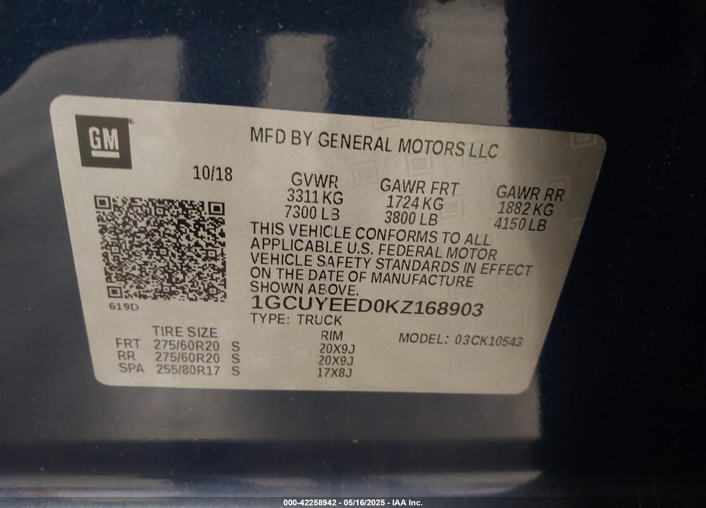2019 CHEVROLET SILVERADO 1500 VIN: 1GCUYEED0KZ168903
