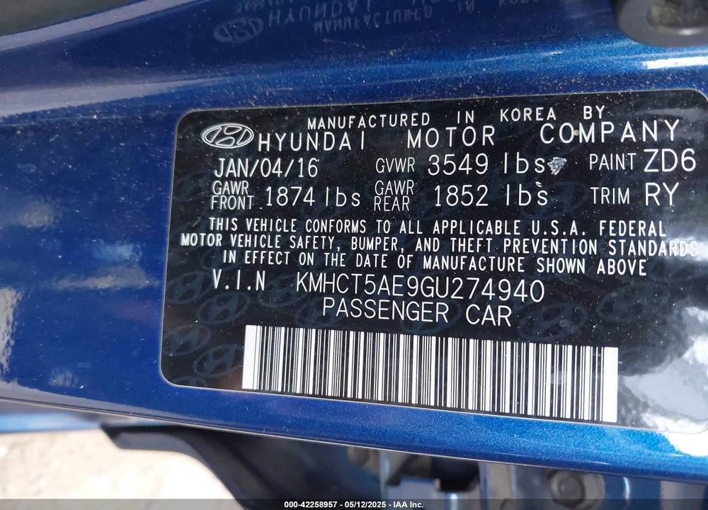 2016 HYUNDAI ACCENT VIN: KMHCT5AE9GU274940