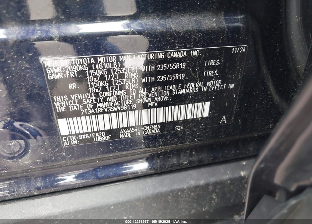 2025 TOYOTA RAV4 XLE PREMIUM VIN: 2T3A1RFV3SW498119