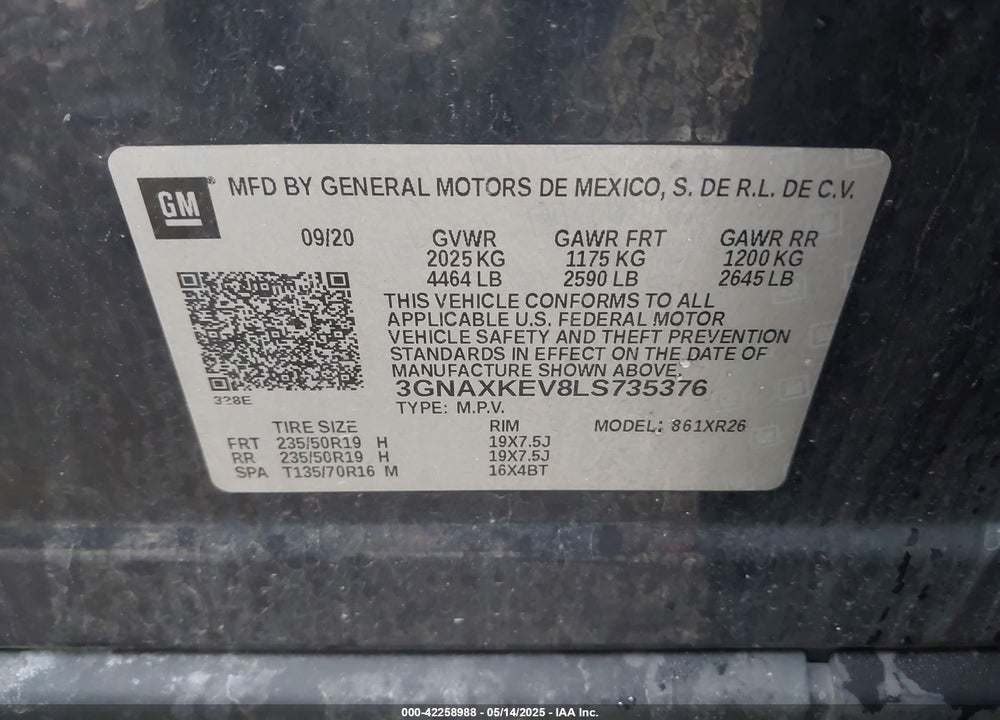 2020 CHEVROLET EQUINOX FWD LT 1.5L TURBO VIN: 3GNAXKEV8LS735376