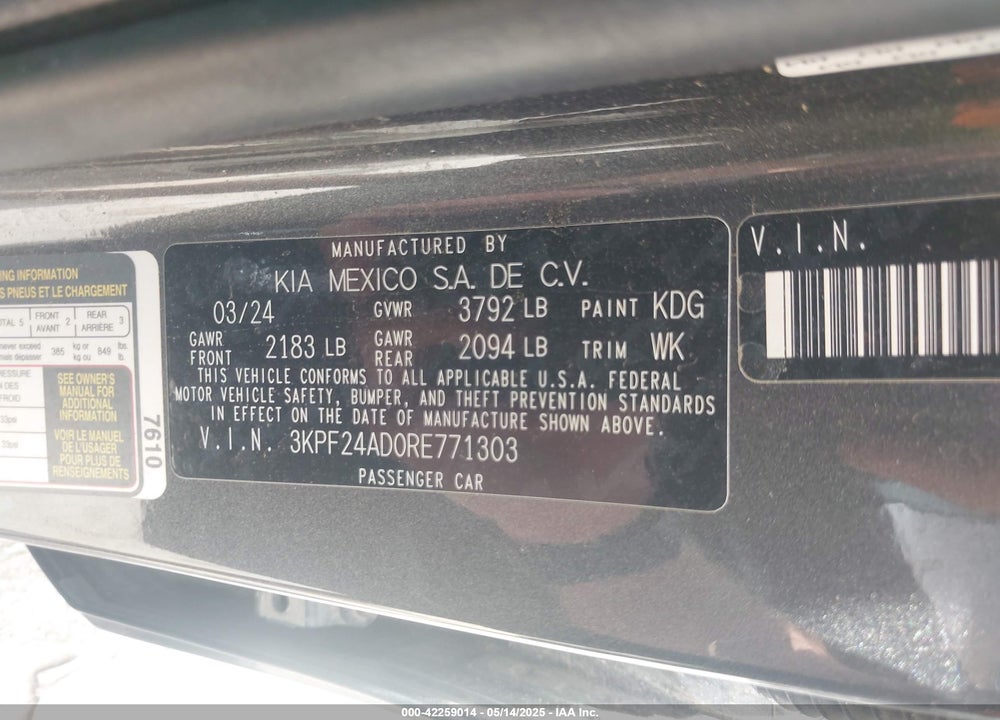 2024 KIA FORTE VIN: 3KPF24AD0RE771303
