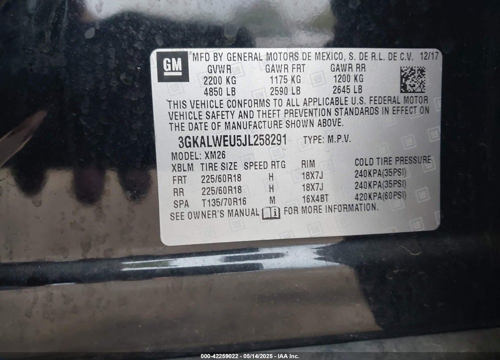 2018 GMC TERRAIN VIN: 3GKALWEU5JL258291