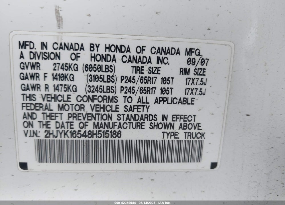 2008 HONDA RIDGELINE RTL VIN: 2HJYK16548H515186