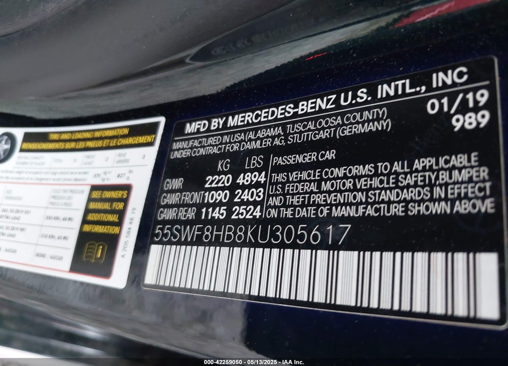 2019 MERCEDES-BENZ AMG C 63 VIN: 55SWF8HB8KU305617