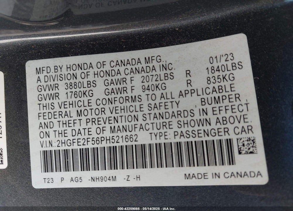2023 HONDA CIVIC SPORT VIN: 2HGFE2F56PH521662