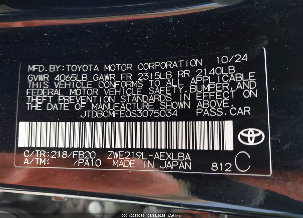 2025 TOYOTA COROLLA HYBRID LE VIN: JTDBCMFE0S3075034