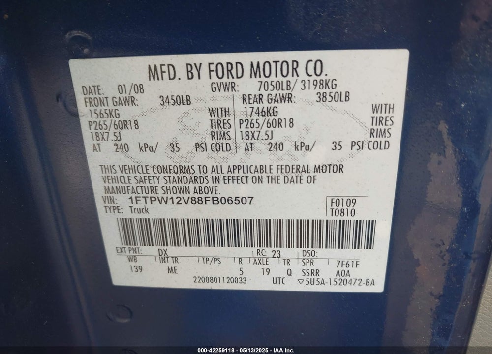 2008 FORD F-150 VIN: 1FTPW12V88FB06507