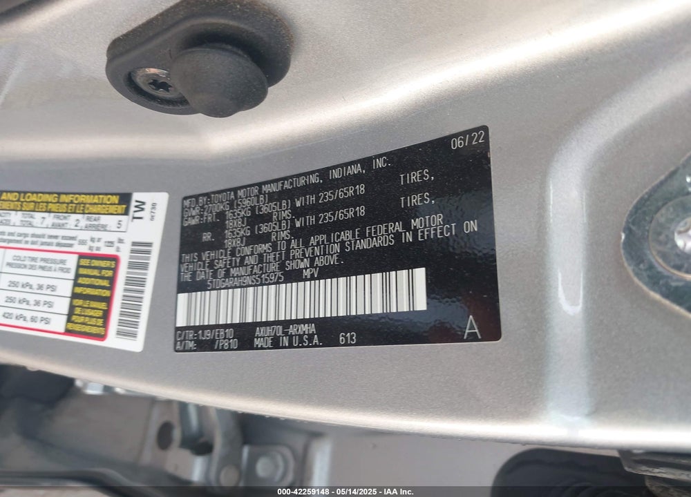2022 TOYOTA HIGHLANDER HYBRID XLE VIN: 5TDGARAH9NS515975
