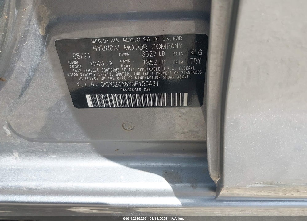 2022 HYUNDAI ACCENT SE VIN: 3KPC24A63NE155481