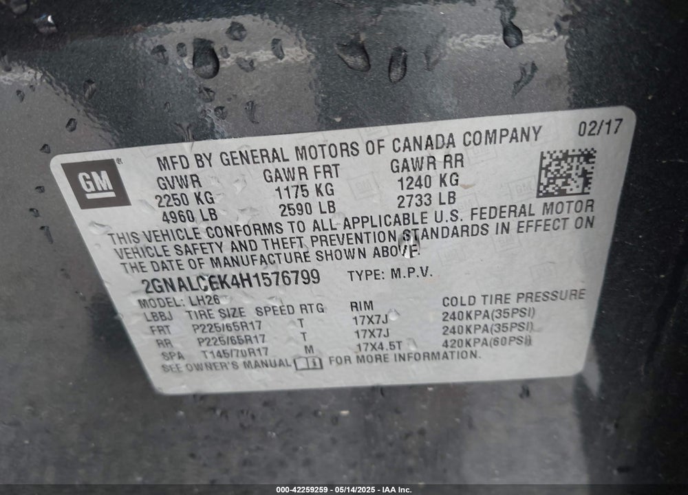 2017 CHEVROLET EQUINOX VIN: 2GNALCEK4H1576799