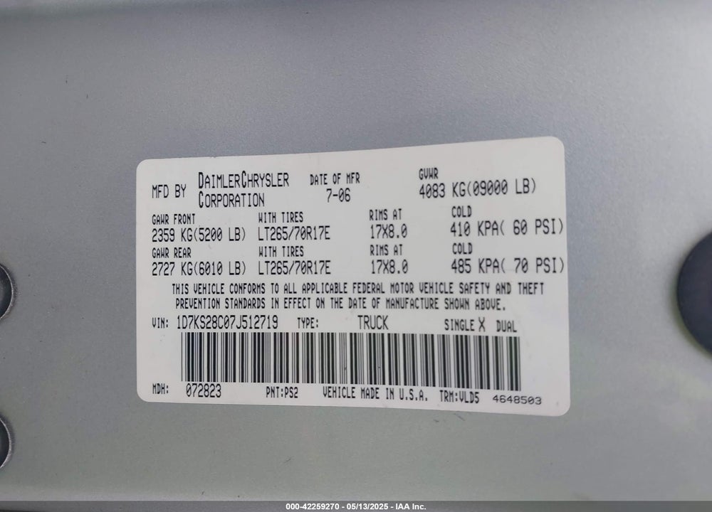 2007 DODGE RAM 2500 VIN: 1D7KS28C07J512719