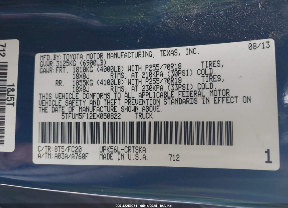 2014 TOYOTA TUNDRA SR5 4.6L V8 VIN: 5TFUM5F12EX050822