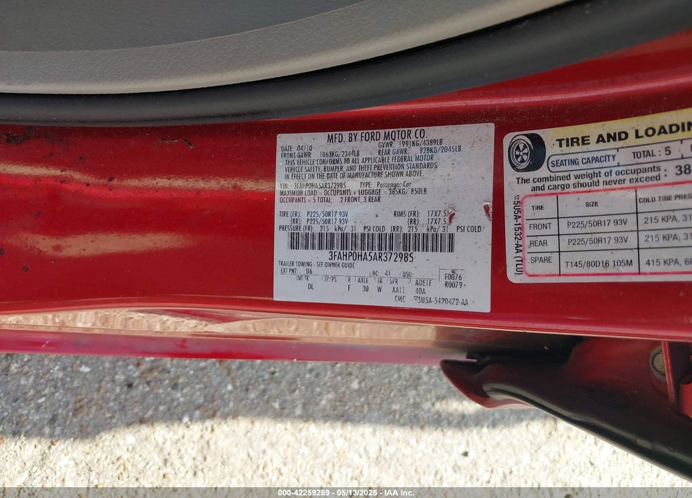 2010 FORD FUSION SE VIN: 3FAHP0HA5AR372985