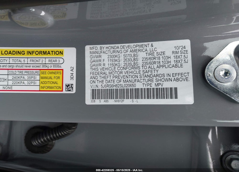 2025 HONDA CR-V HYBRID VIN: 5J6RS6H82SL020650