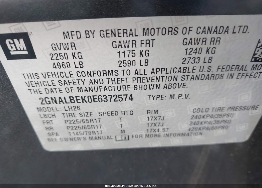 2014 CHEVROLET EQUINOX VIN: 2GNALBEK0E6372574