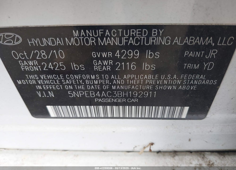 2011 HYUNDAI SONATA VIN: 5NPEB4AC3BH192911