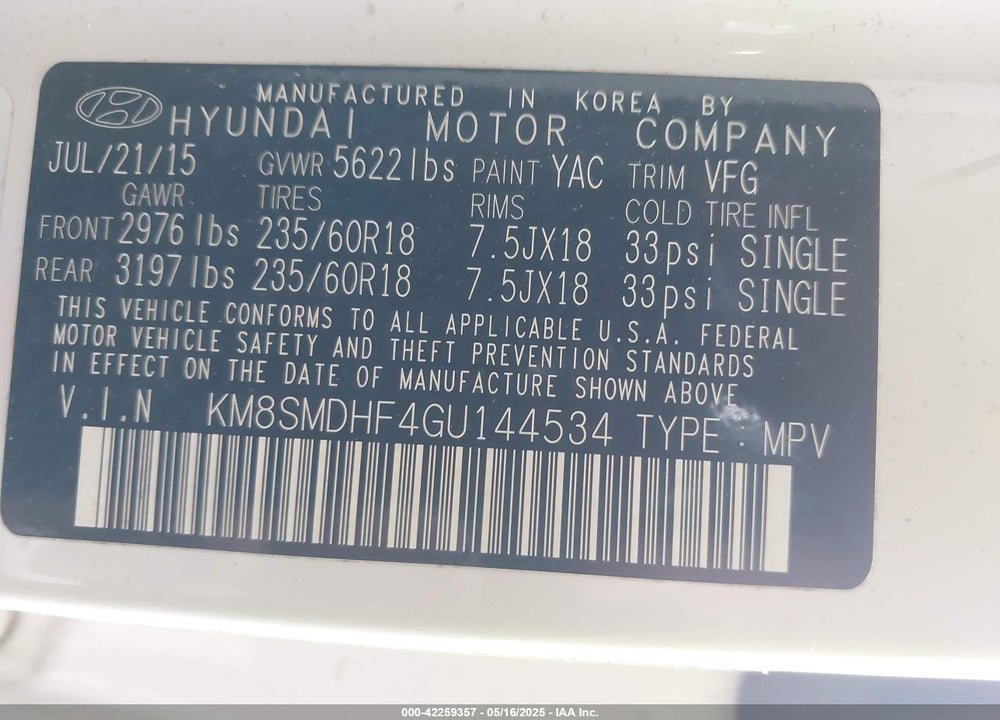 2016 HYUNDAI SANTA FE VIN: KM8SMDHF4GU144534