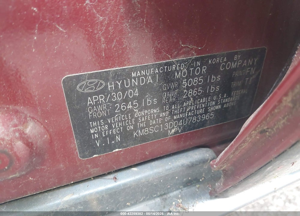 2004 HYUNDAI SANTA FE GLS VIN: KM8SC13D04U783965