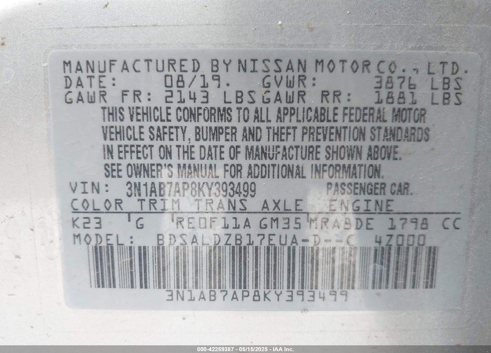 2019 NISSAN SENTRA VIN: 3N1AB7AP8KY393499