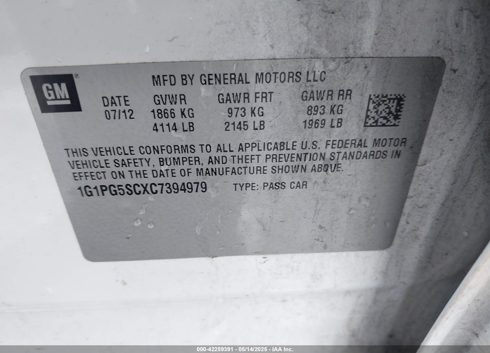 2012 CHEVROLET CRUZE 2LT VIN: 1G1PG5SCXC7394979