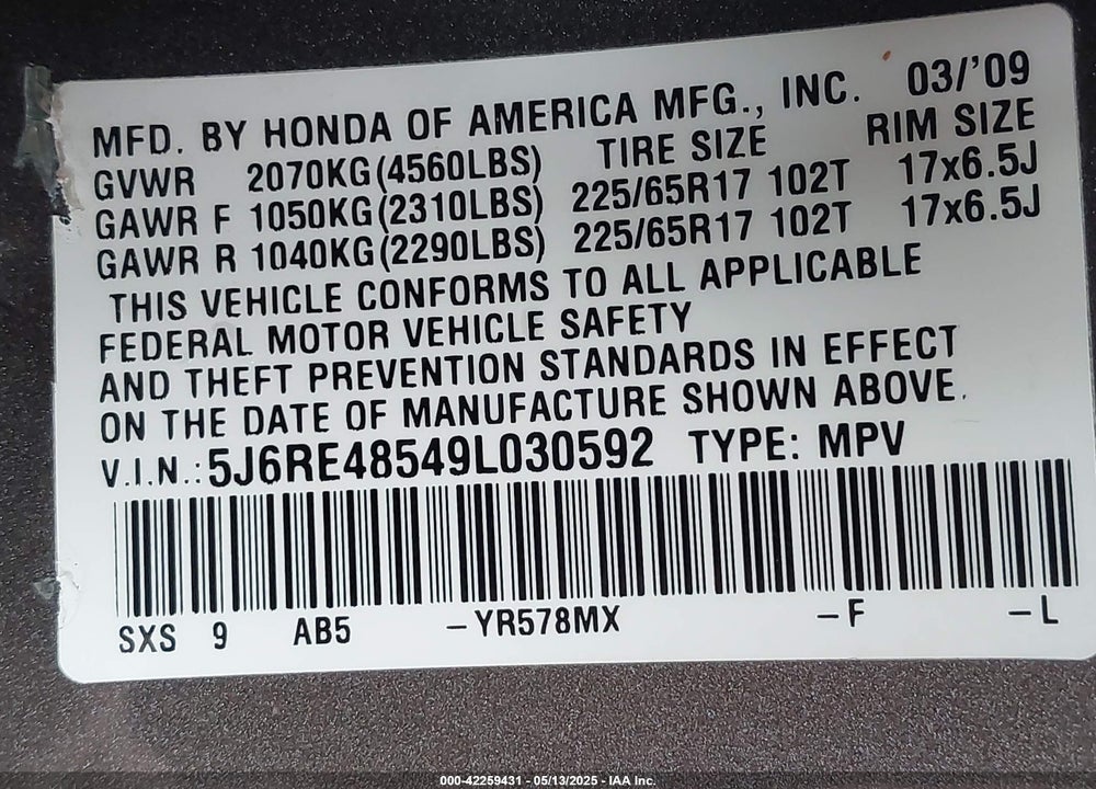 2009 HONDA CR-V VIN: 5J6RE48549L030592