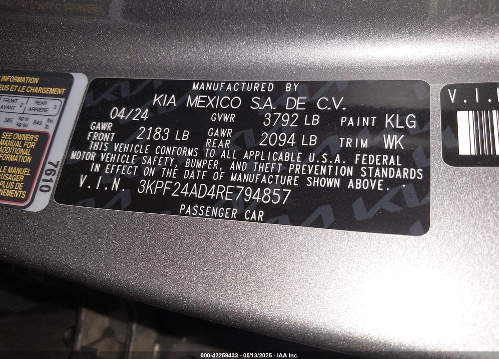 2024 KIA FORTE VIN: 3KPF24AD4RE794857