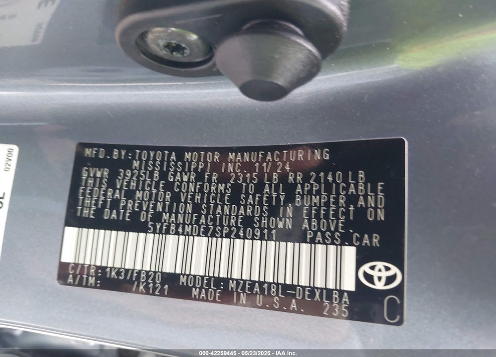 2025 TOYOTA COROLLA VIN: 5YFB4MDE7SP240911