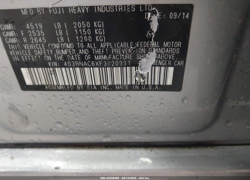2015 SUBARU LEGACY 2.5I PREMIUM VIN: 4S3BNAC6XF3020991