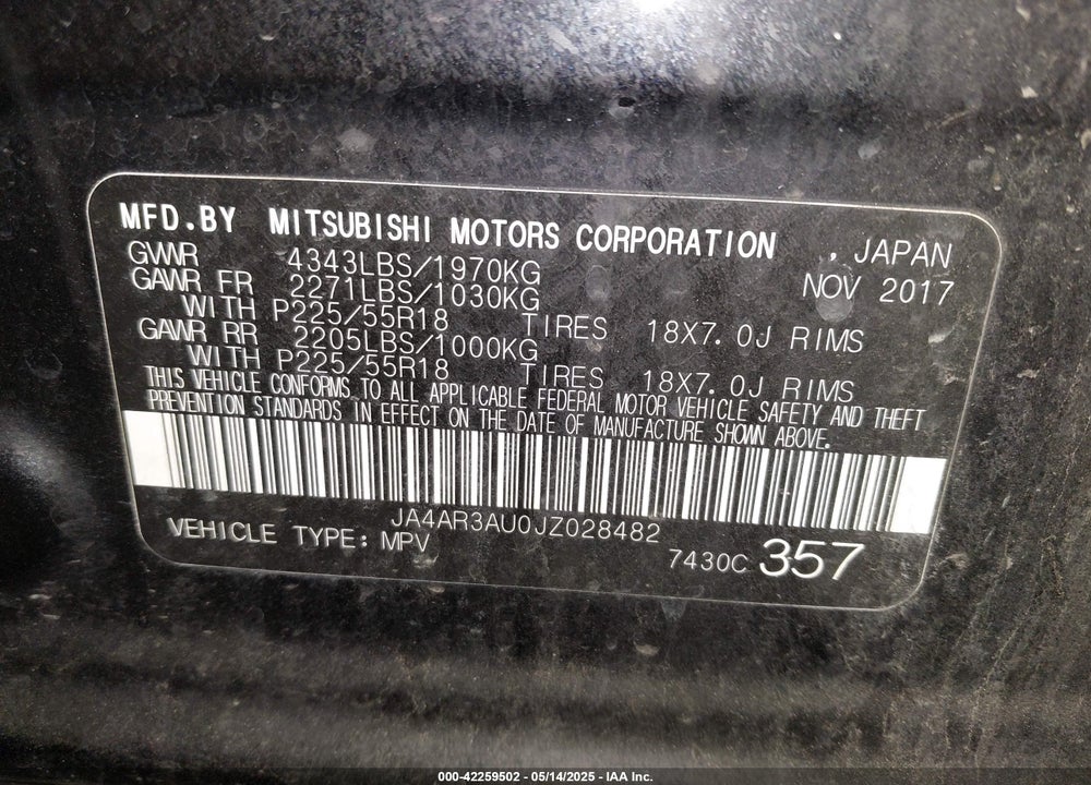 2018 MITSUBISHI OUTLANDER SPORT VIN: JA4AR3AU0JZ028482