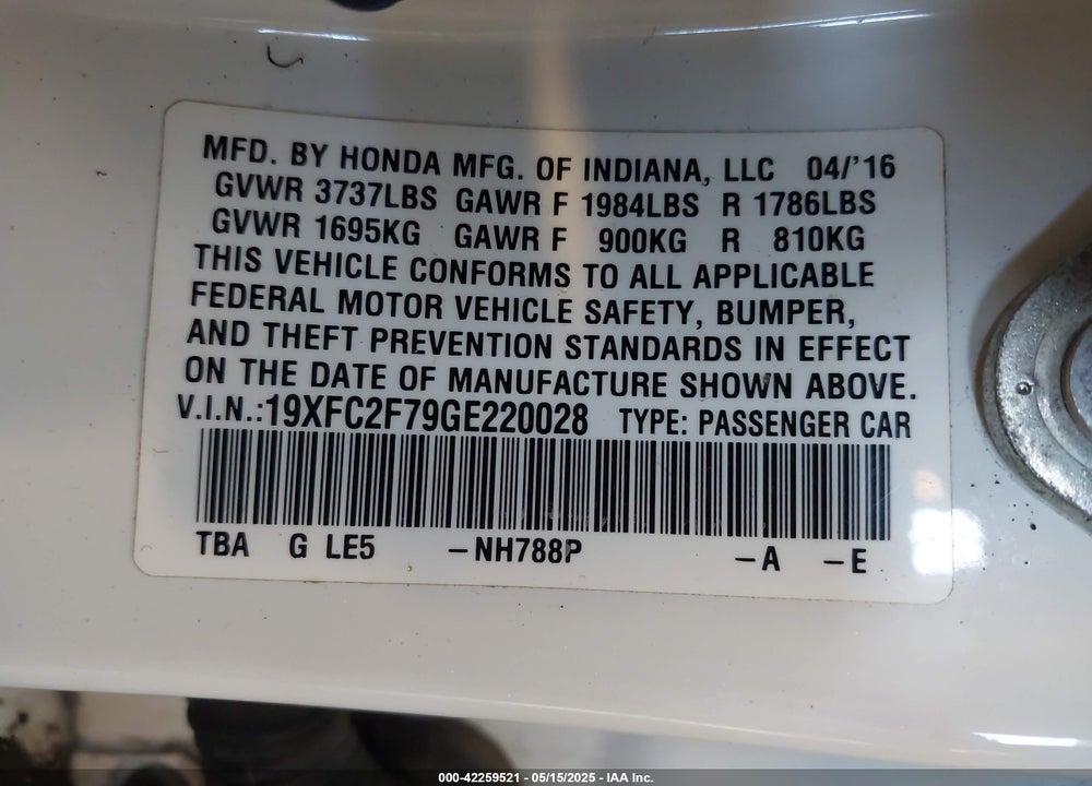 2016 HONDA CIVIC VIN: 19XFC2F79GE220028