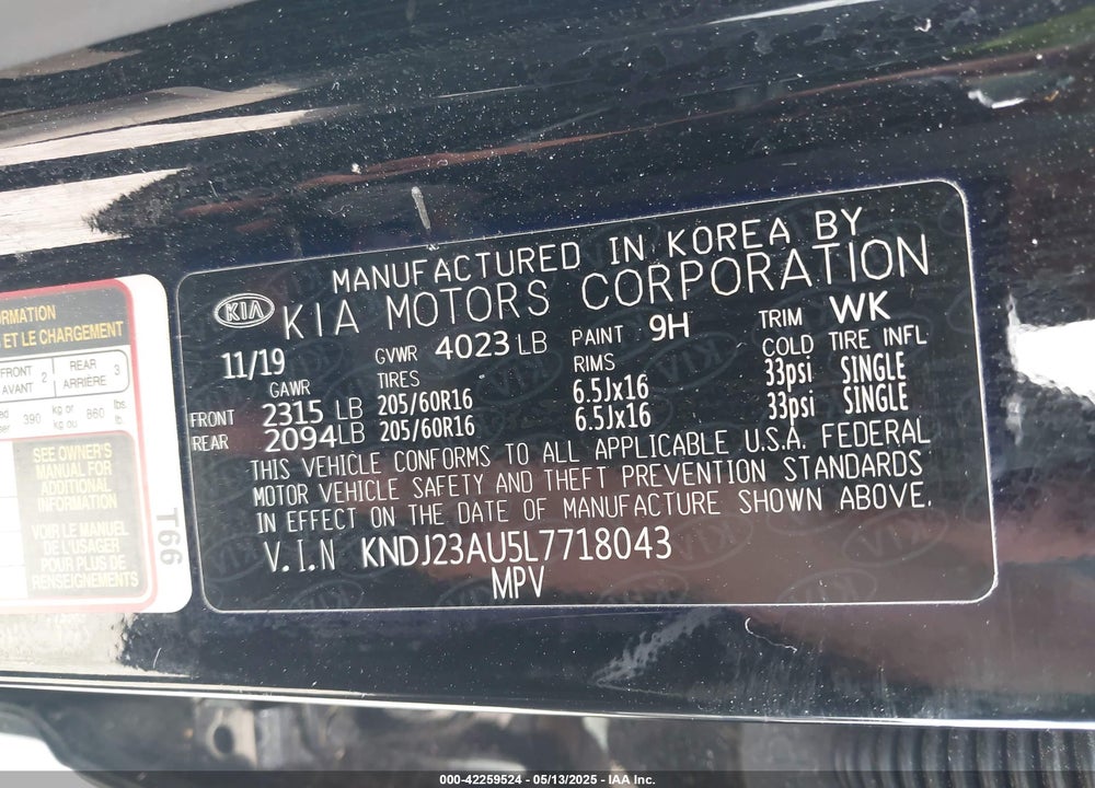 2020 KIA SOUL LX VIN: KNDJ23AU5L7718043