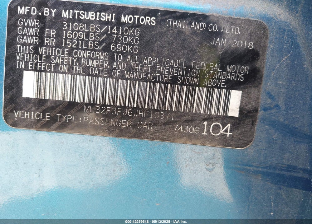 2018 MITSUBISHI MIRAGE G4 ES VIN: ML32F3FJ6JHF10371