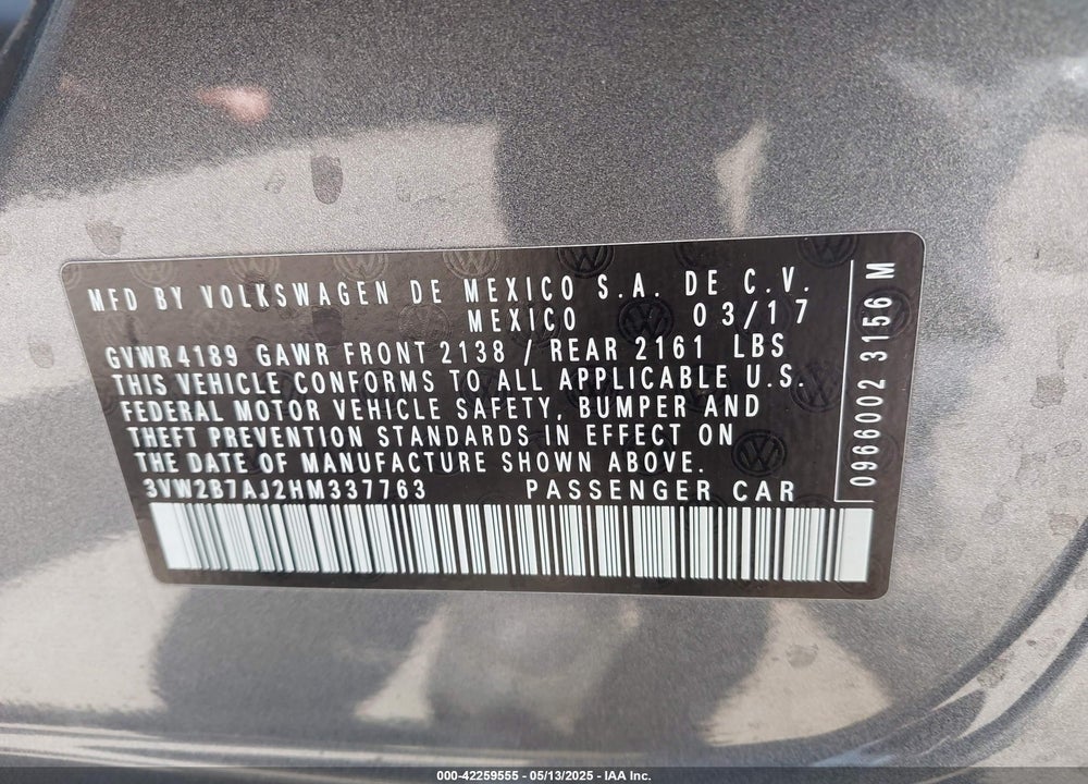 2017 VOLKSWAGEN JETTA 1.4T S VIN: 3VW2B7AJ2HM337763