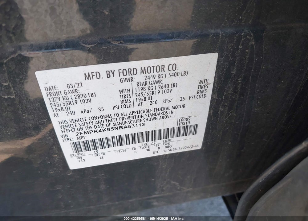 2022 FORD EDGE VIN: 2FMPK4K95NBA53113