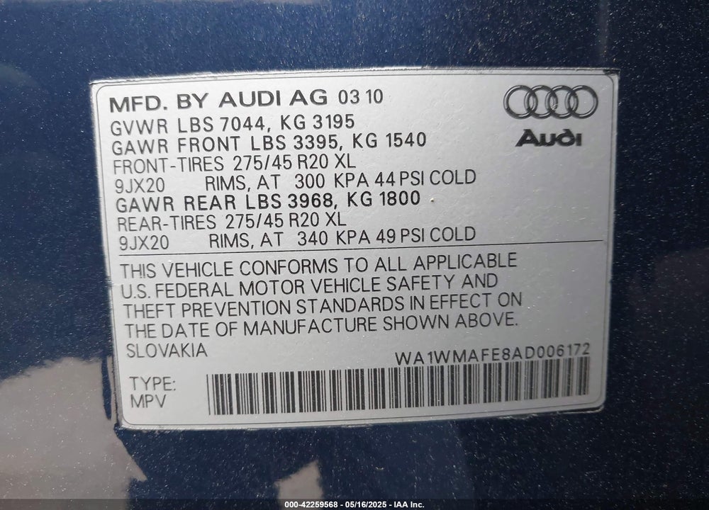 2010 AUDI Q7 3.0 TDI PREMIUM VIN: WA1WMAFE8AD006172