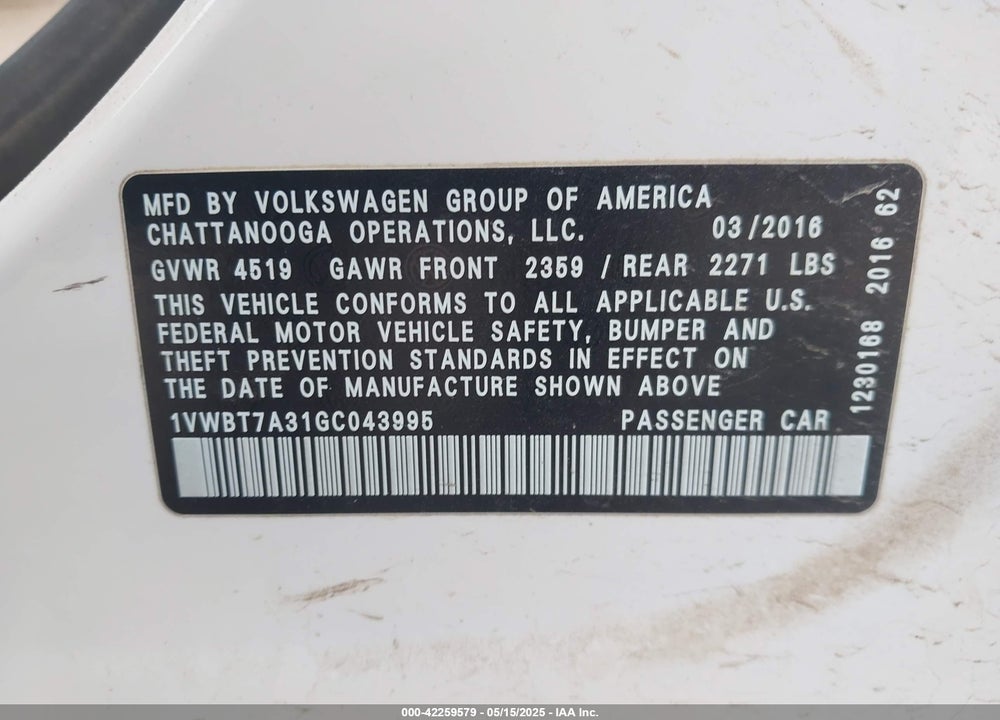 2016 VOLKSWAGEN PASSAT 1.8T SE VIN: 1VWBT7A31GC043995