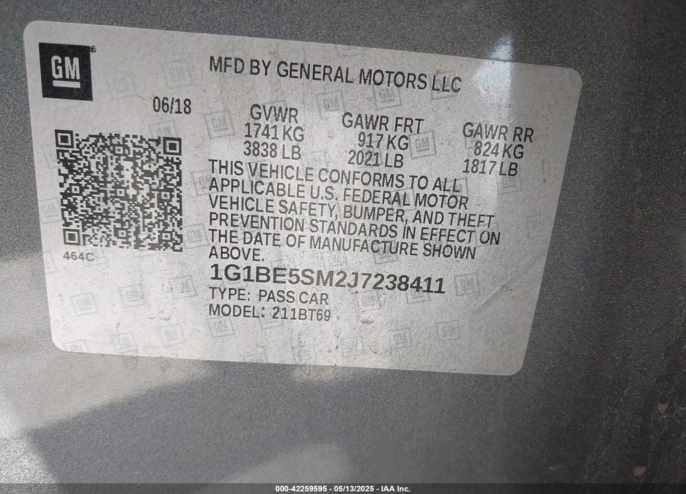2018 CHEVROLET CRUZE VIN: 1G1BE5SM2J7238411