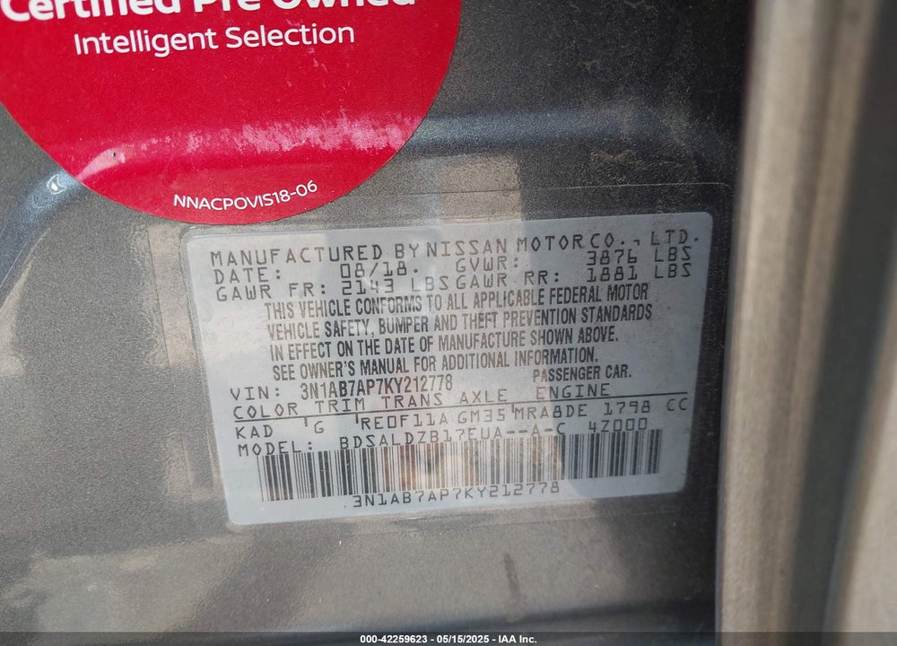 2019 NISSAN SENTRA VIN: 3N1AB7AP7KY212778