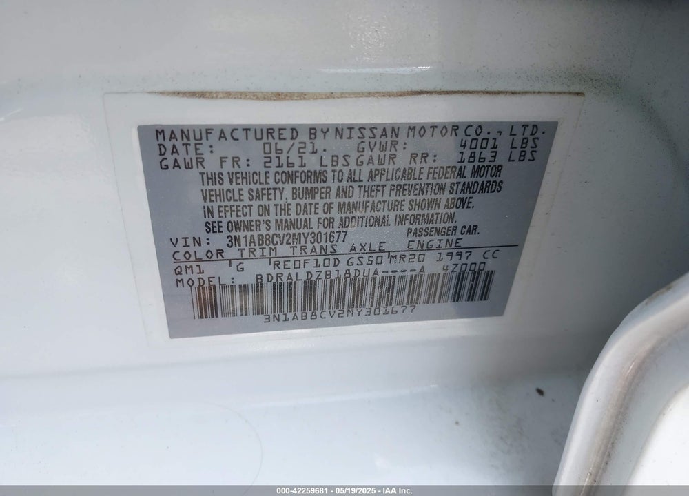 2021 NISSAN SENTRA VIN: 3N1AB8CV2MY301677