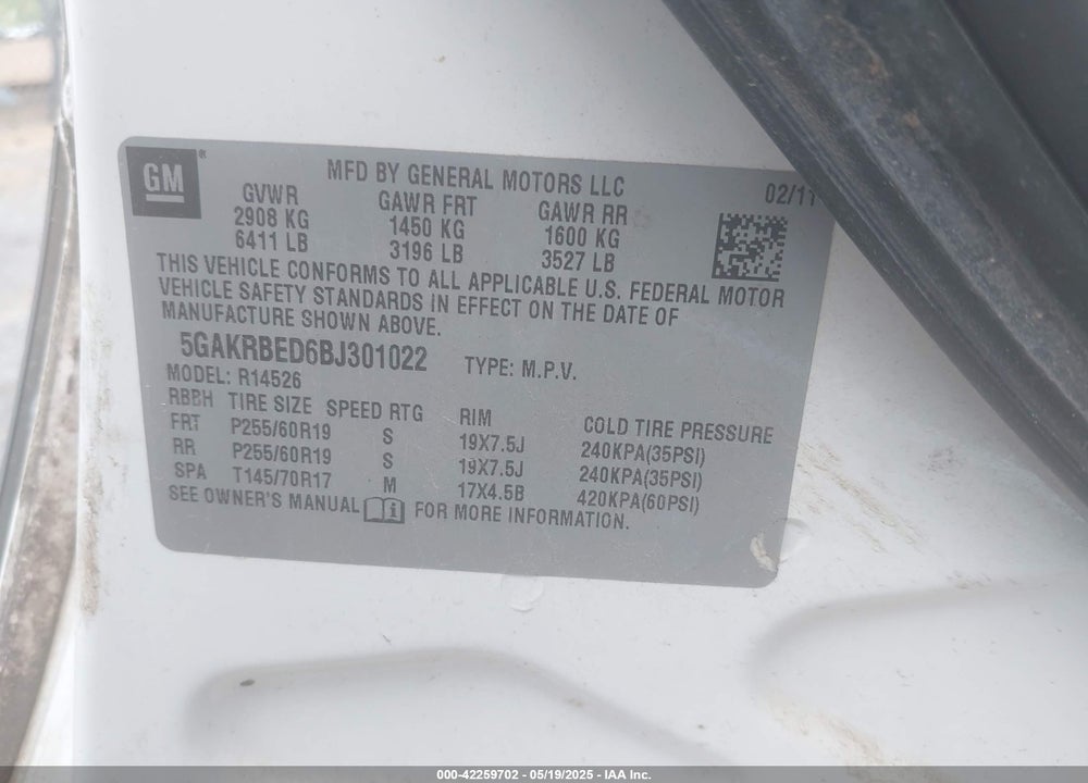 2011 BUICK ENCLAVE VIN: 5GAKRBED6BJ301022