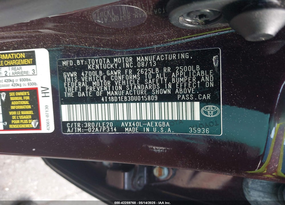 2013 TOYOTA AVALON HYBRID VIN: 4T1BD1EB3DU015809