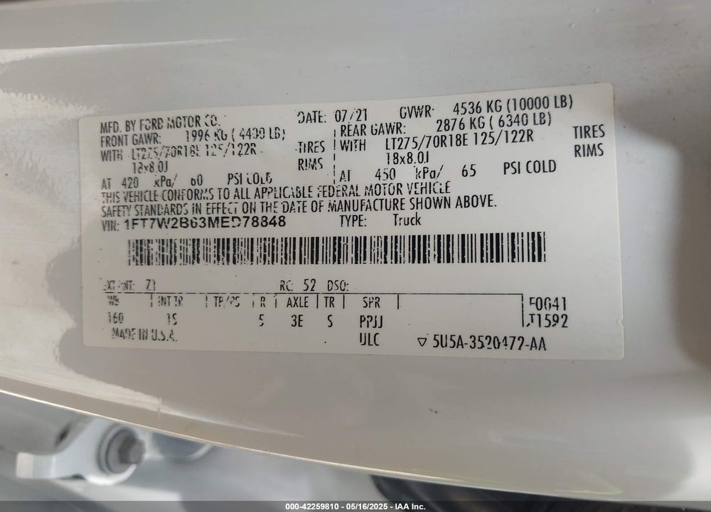 2021 FORD F-250 XL VIN: 1FT7W2B63MED78848
