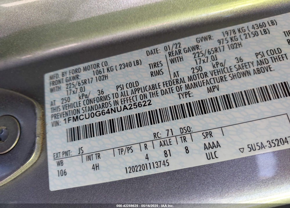 2022 FORD ESCAPE VIN: 1FMCU0G64NUA25622