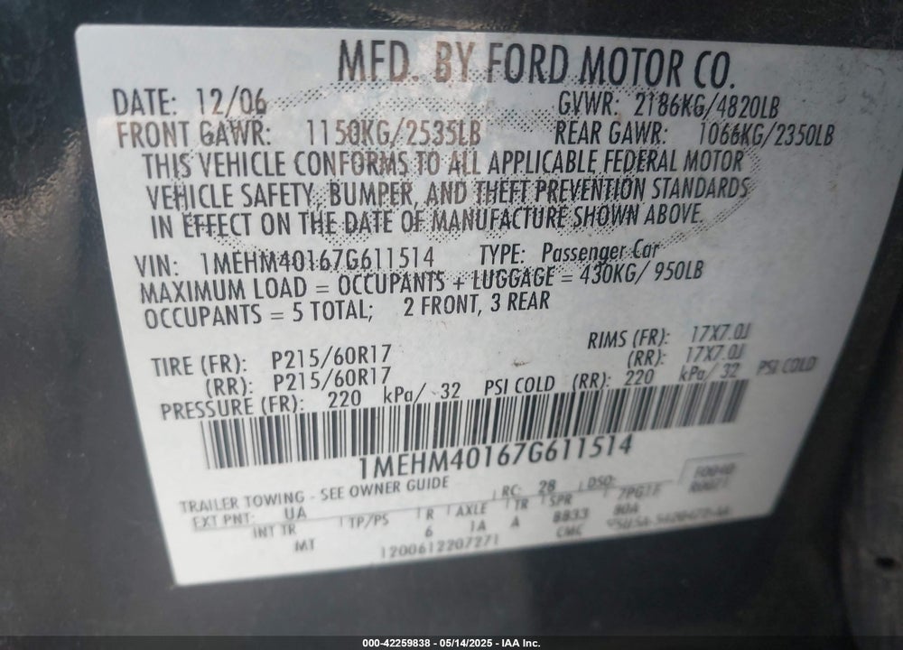 2007 MERCURY MONTEGO LUXURY VIN: 1MEHM40167G611514