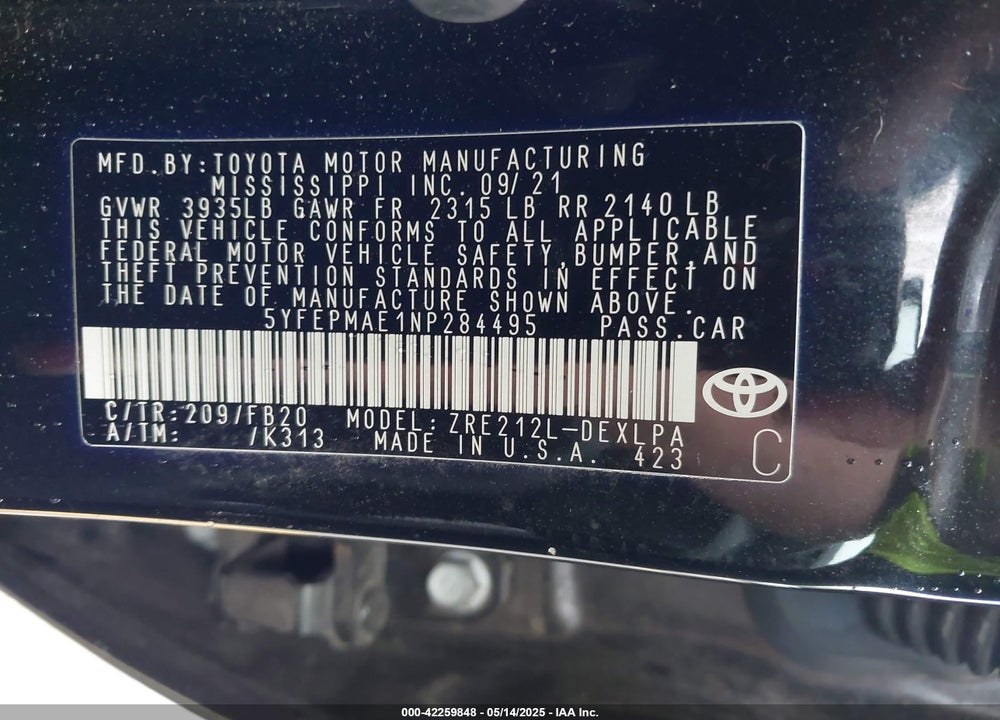 2022 TOYOTA COROLLA VIN: 5YFEPMAE1NP284495