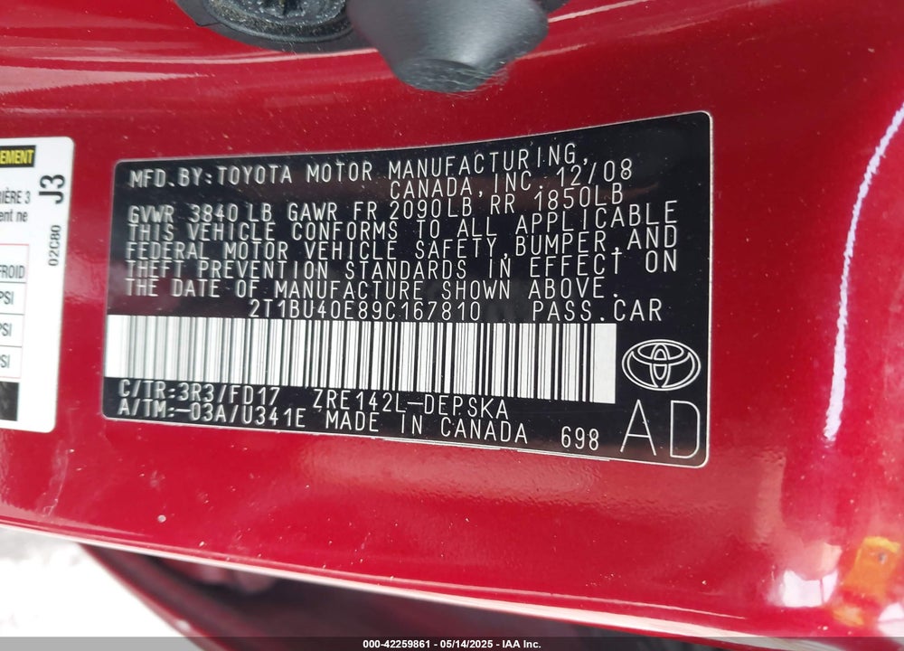 2009 TOYOTA COROLLA VIN: 2T1BU40E89C167810
