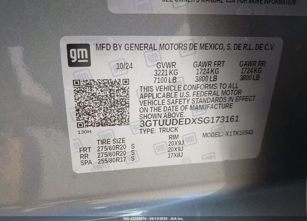2025 GMC SIERRA 1500 VIN: 3GTUUDEDXSG173161