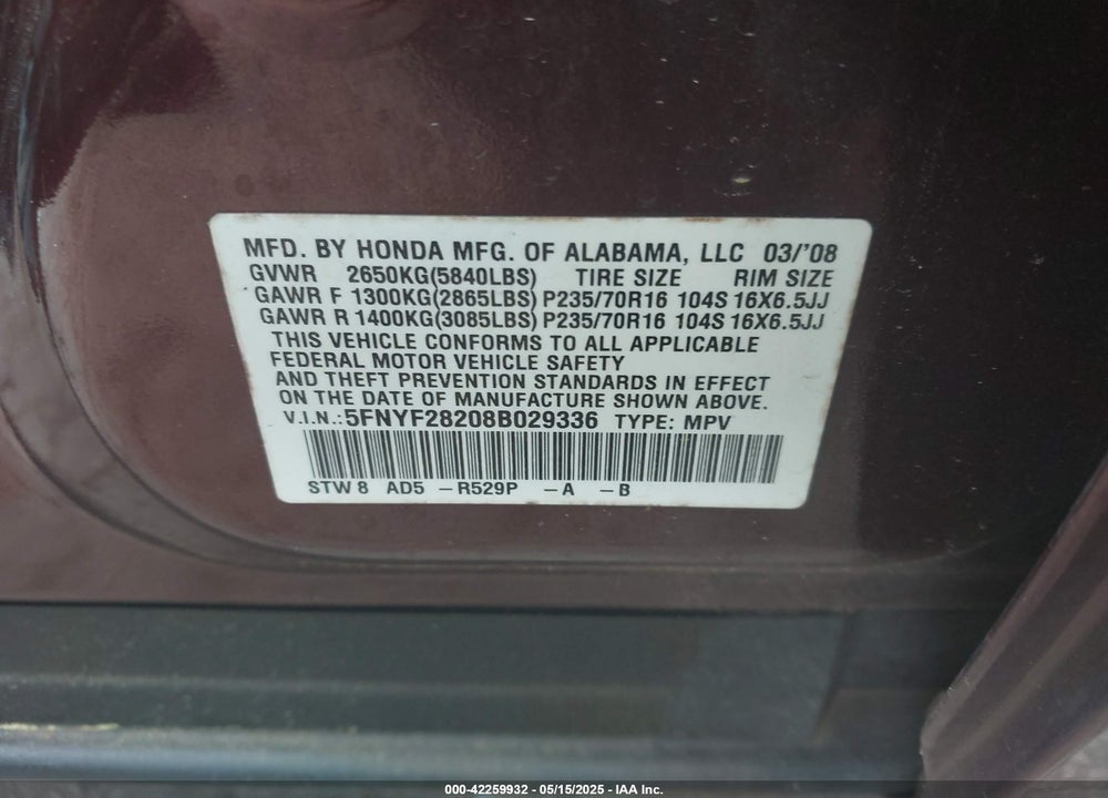 2008 HONDA PILOT VIN: 5FNYF28208B029336